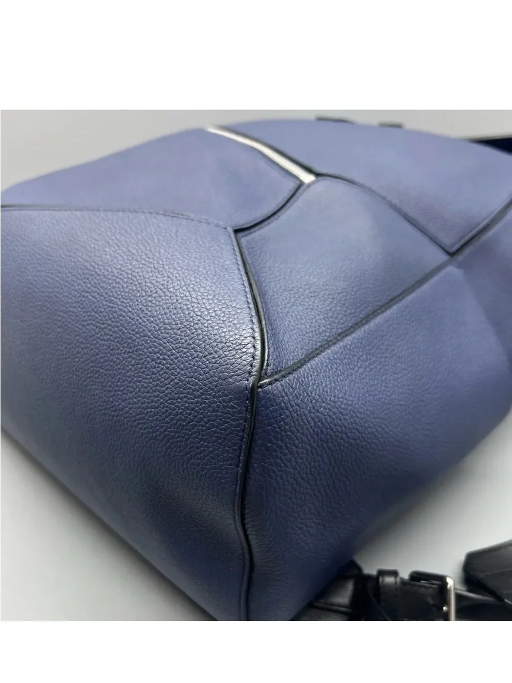 Loewe Navy Pebbled Leather Drawstring Backpack with Black Straps
